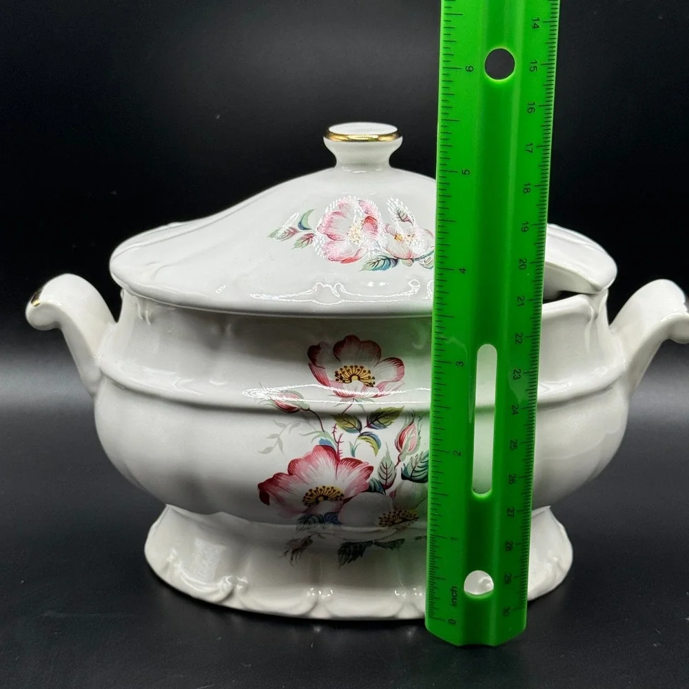 House of Webster Briar Rose Soup Tureen with Lid Cottage Gold Trim White Ceramic